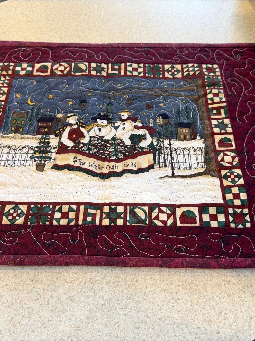 Winter Quilt Guild Snowmen set of 4 placements - Burgundy reversible